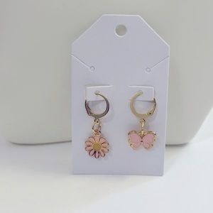 Huggie Hoop Leverback Earrings w/ Pink drop charms 24K Gold Plated